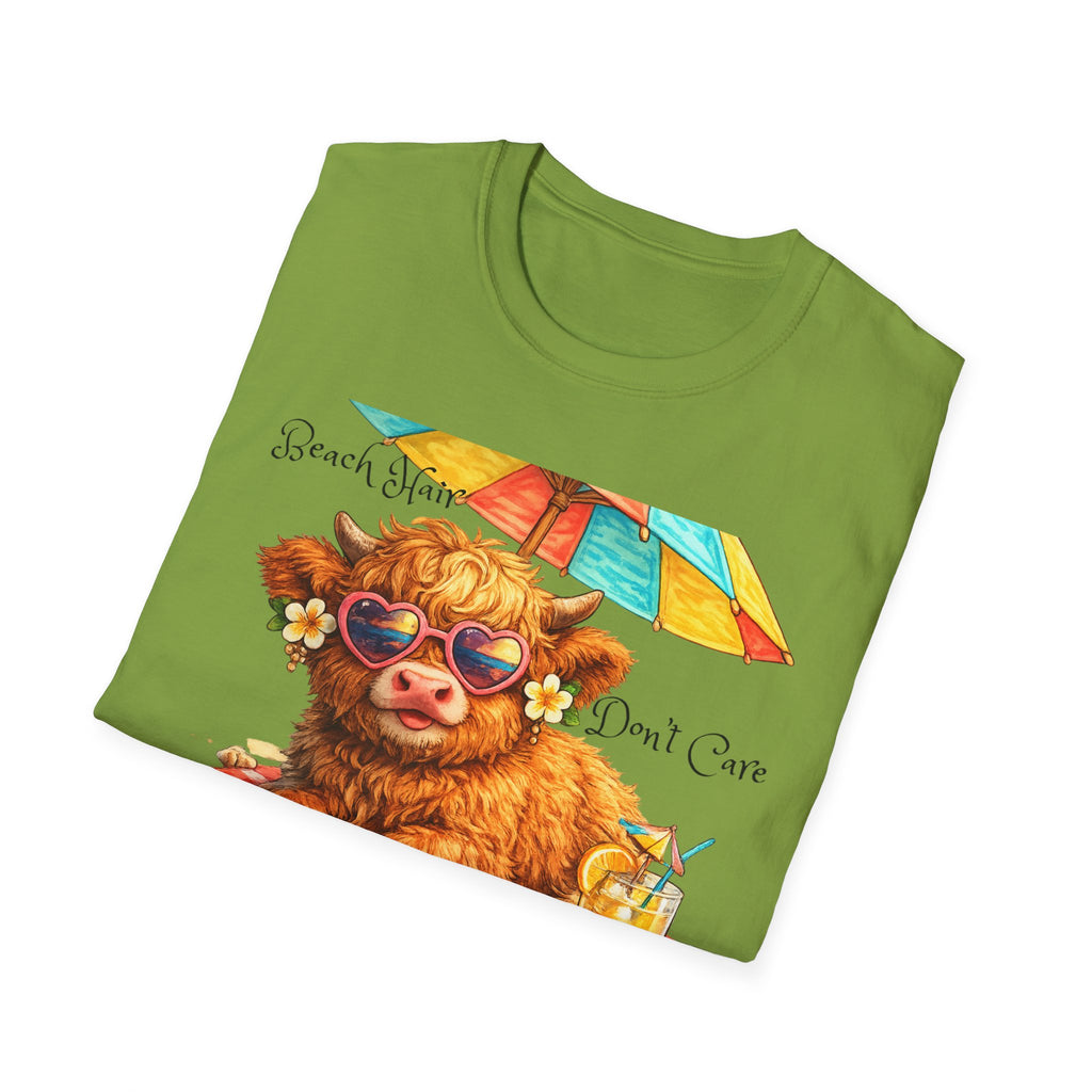 Unisex Softstyle T-Shirt, Highland Cow at Beach
