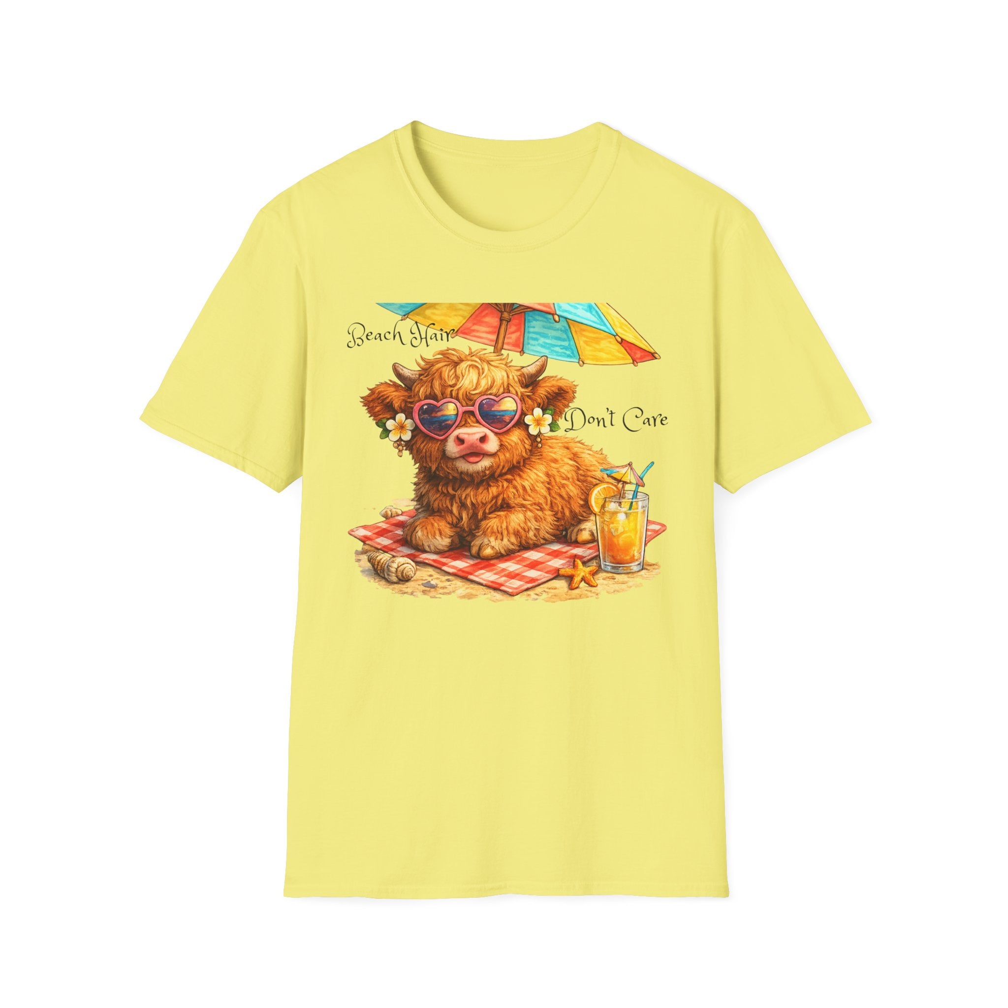 Unisex Softstyle T-Shirt, Highland Cow at Beach
