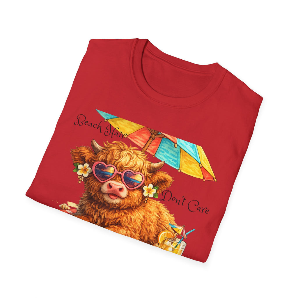 Unisex Softstyle T-Shirt, Highland Cow at Beach
