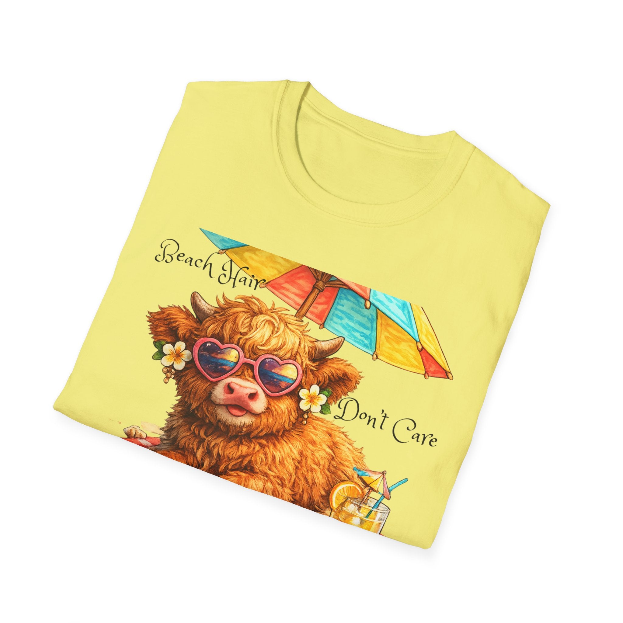 Unisex Softstyle T-Shirt, Highland Cow at Beach