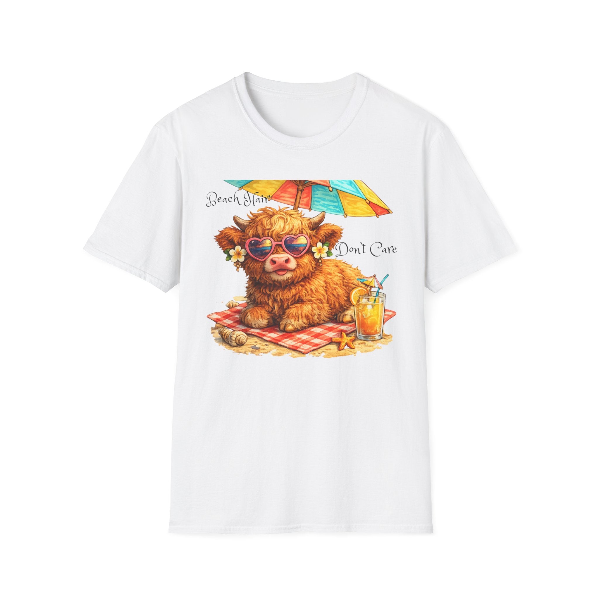 Unisex Softstyle T-Shirt, Highland Cow at Beach