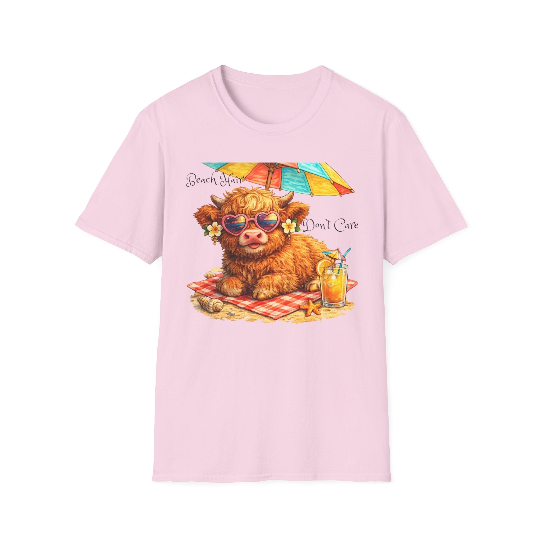 Unisex Softstyle T-Shirt, Highland Cow at Beach
