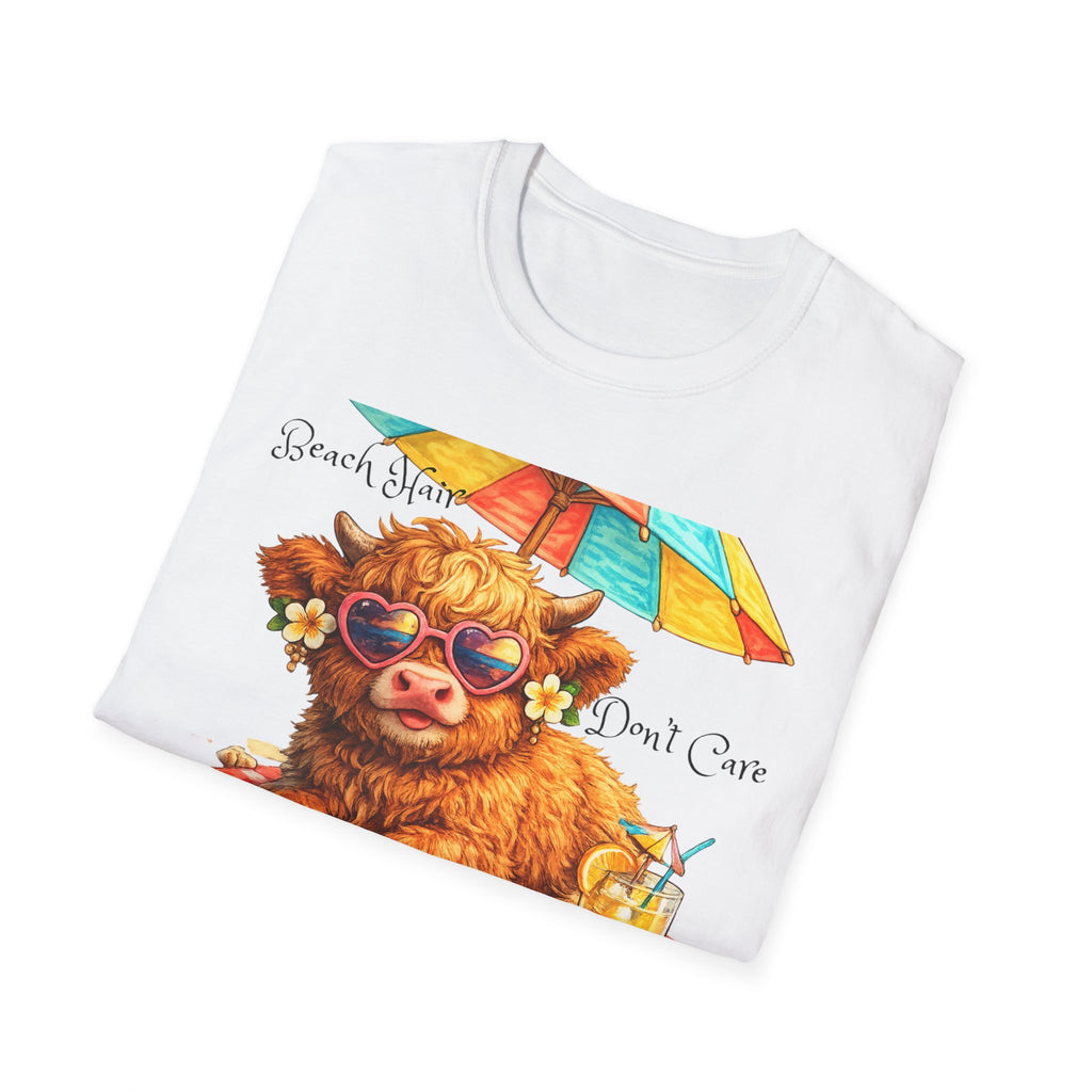 Unisex Softstyle T-Shirt, Highland Cow at Beach
