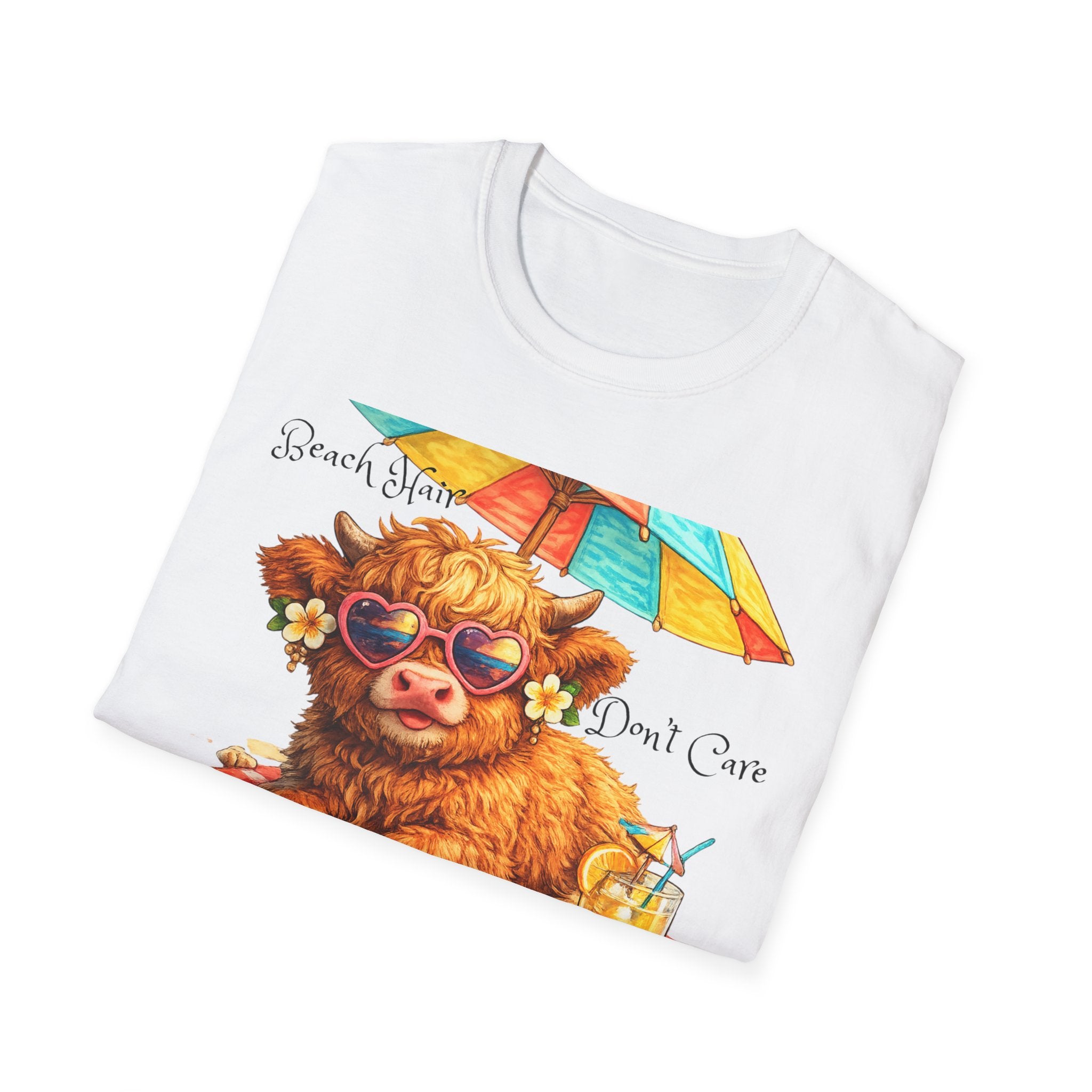 Unisex Softstyle T-Shirt, Highland Cow at Beach
