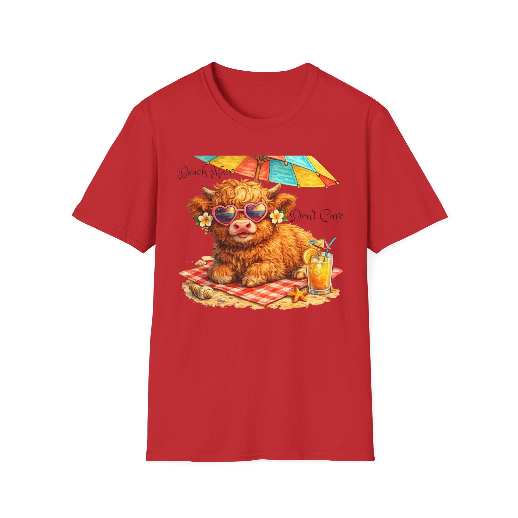 Unisex Softstyle T-Shirt, Highland Cow at Beach