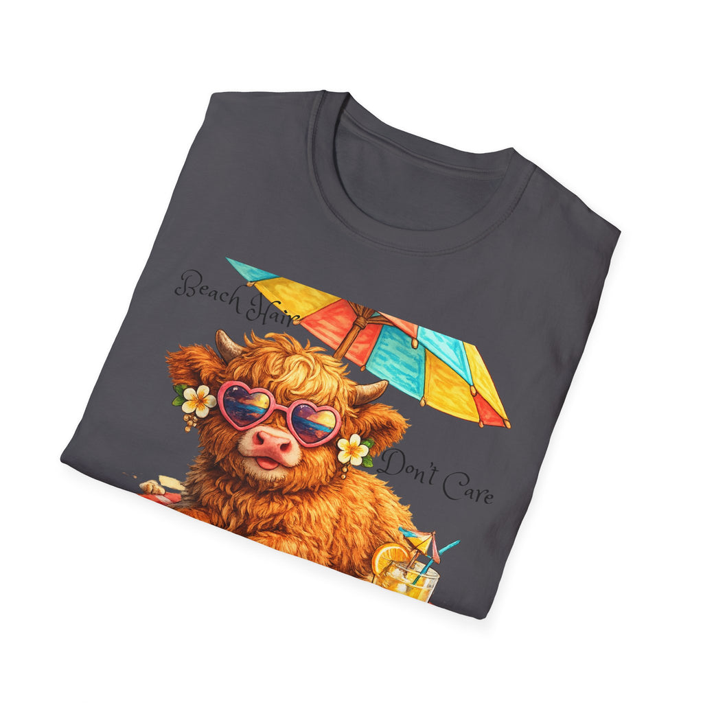 Unisex Softstyle T-Shirt, Highland Cow at Beach