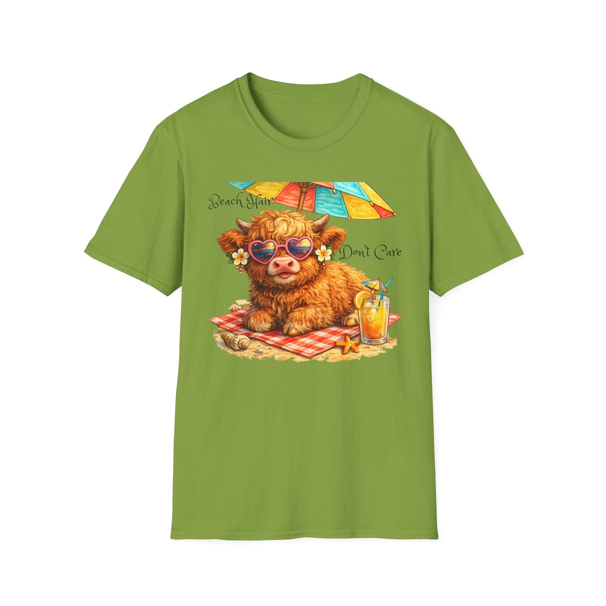 Unisex Softstyle T-Shirt, Highland Cow at Beach