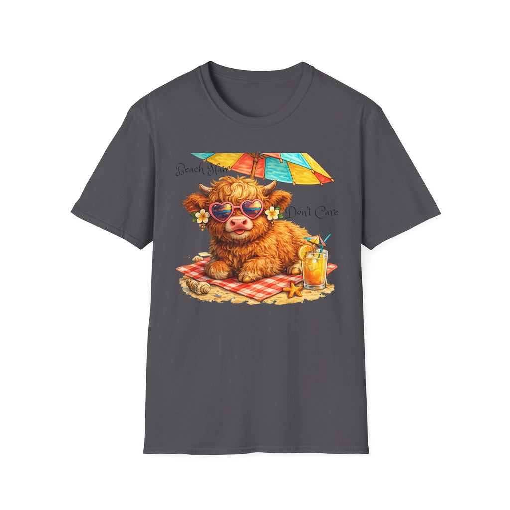 Unisex Softstyle T-Shirt, Highland Cow at Beach