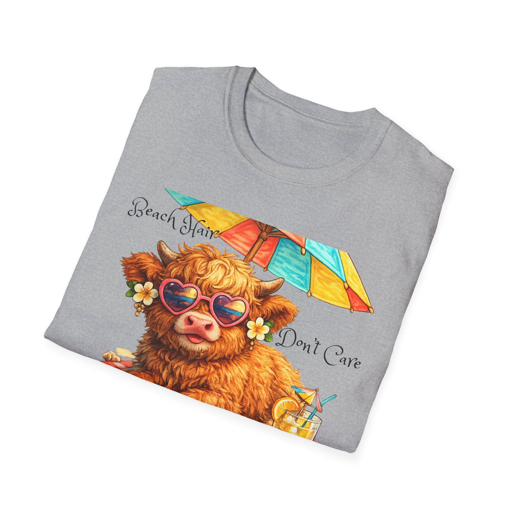 Unisex Softstyle T-Shirt, Highland Cow at Beach