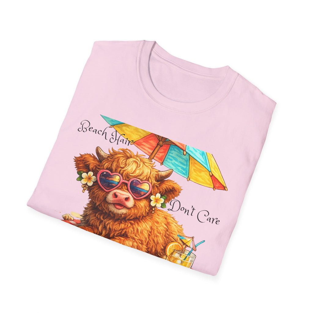 Unisex Softstyle T-Shirt, Highland Cow at Beach