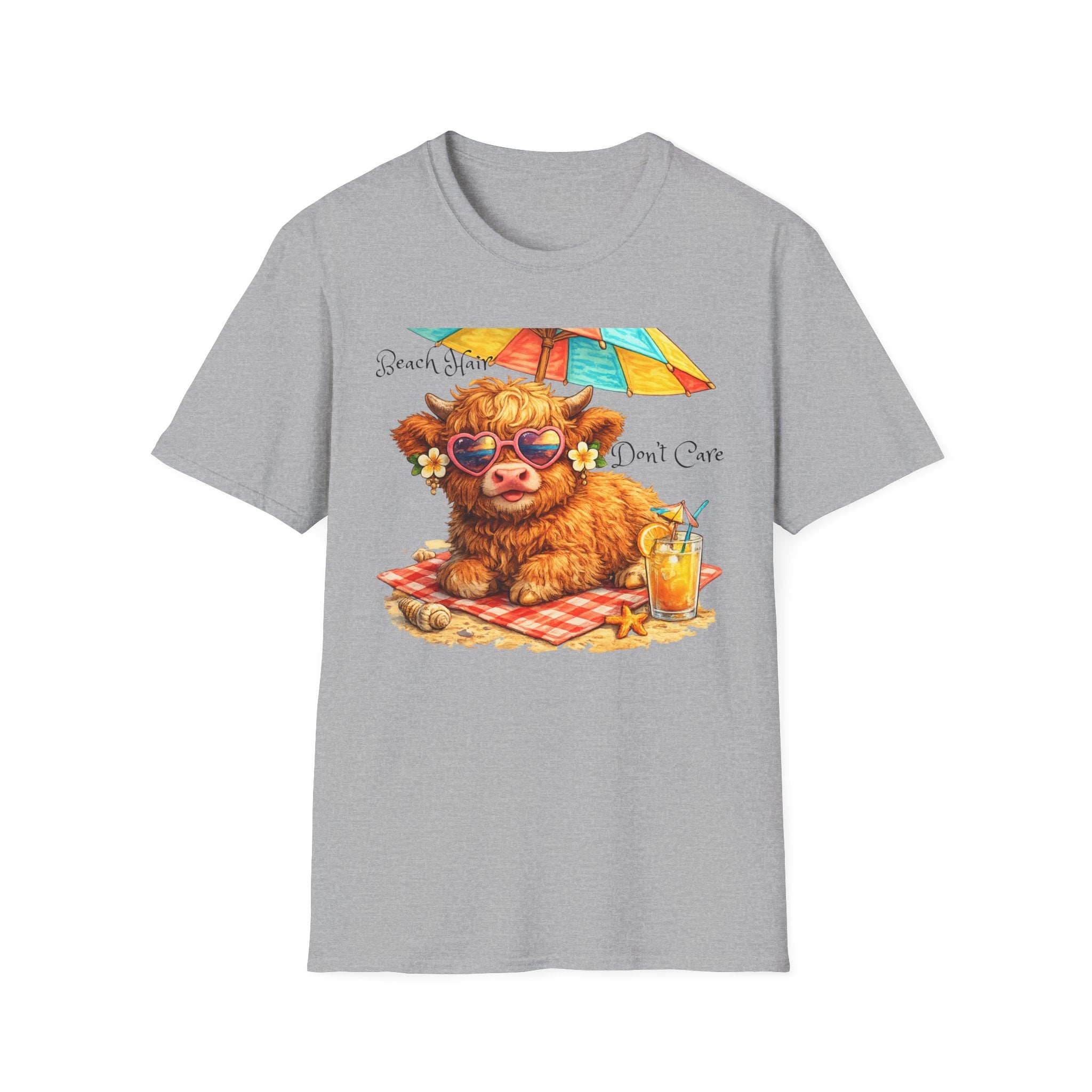 Unisex Softstyle T-Shirt, Highland Cow at Beach